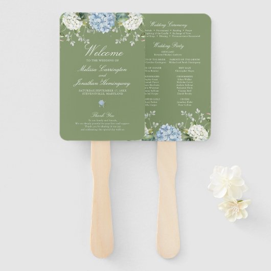 Éventail Programme de cérémonie de mariage aux hortensias v (Devant et derrière)