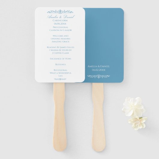 Éventail Programme de cérémonie de mariage bleu et blanc Ré (Devant et derrière)
