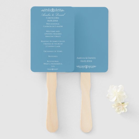 Éventail Programme de cérémonie de mariage bleu Régence (Devant et derrière)