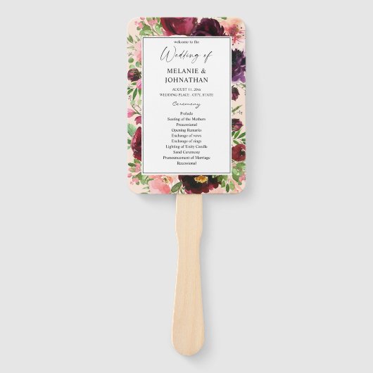 Éventail Programme de cérémonie de mariage floral Bourgogne (Devant)