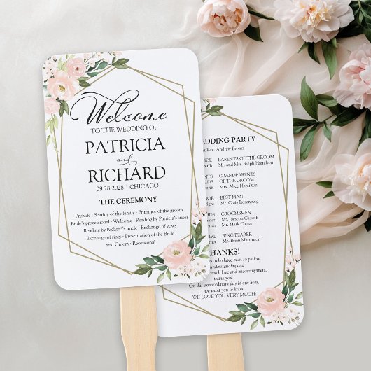 Éventail Programme de cérémonie de mariage floral rose blus