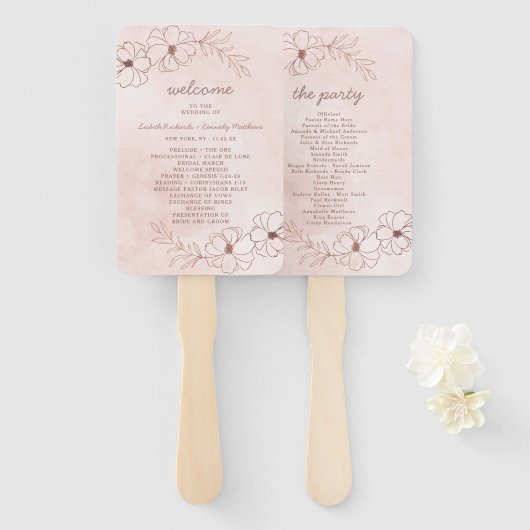 Éventail Programme de cérémonie de mariage Rose Pâle et Or (Devant et derrière)
