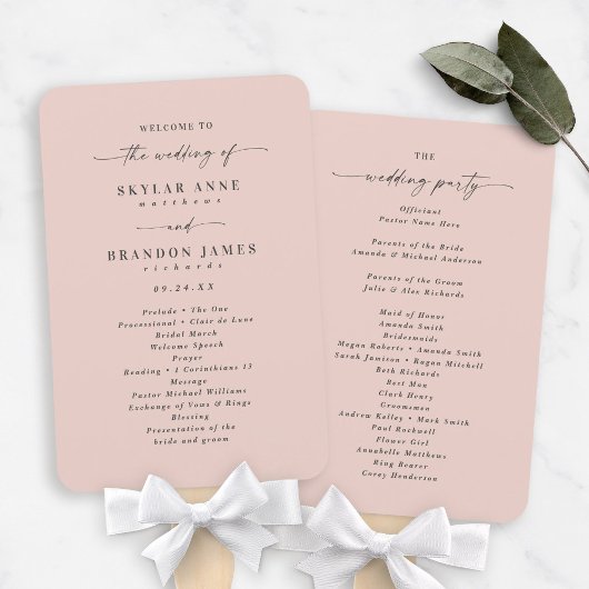 Éventail Programme de cérémonie de mariage simple uni rose 