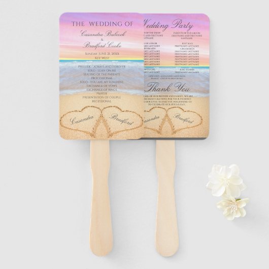 Éventail Programme de cérémonie de mariage sur la plage Cœu (Devant et derrière)