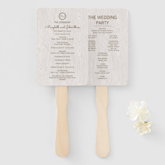 Éventail Programme de cérémonie des Mariages de bois rustiq (Devant et derrière)
