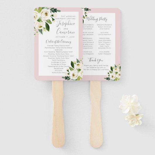 Éventail Programme de cérémonie des Mariages de fleurs rose (Devant et derrière)