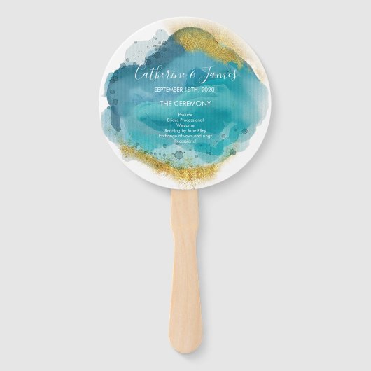 Éventail Programme de cérémonie Mariage Aqua & Gold Waterco (Devant)