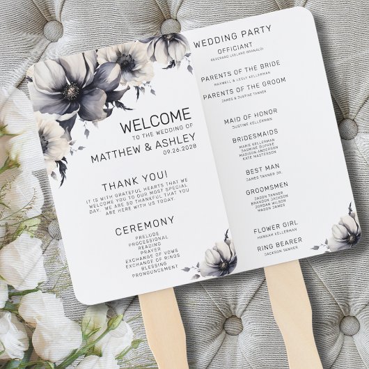 Éventail Programme de cérémonie Mariage floral noir blanc