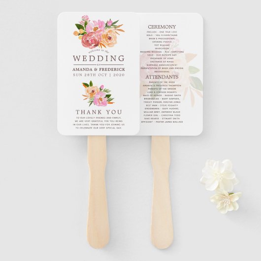 Éventail Programme de fleurs d'aquarelle de mariage du prin (Devant et derrière)