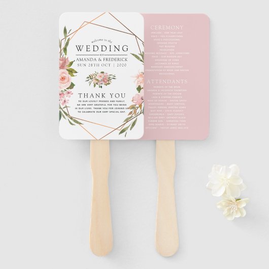 Éventail Programme de mariage à blush géométrique et or ros (Devant et derrière)