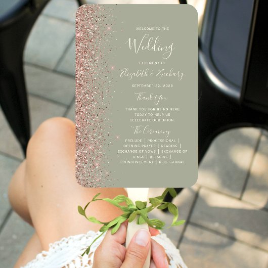 Éventail Programme de mariage à bordure pailletée vert saug