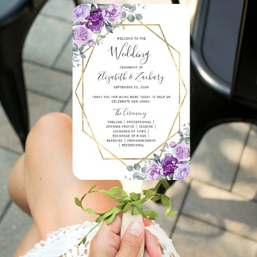 Éventail Programme de mariage à cadre doré et fleurs violet