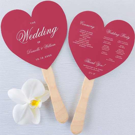 Éventail Programme de mariage à calligraphie élégante cœur