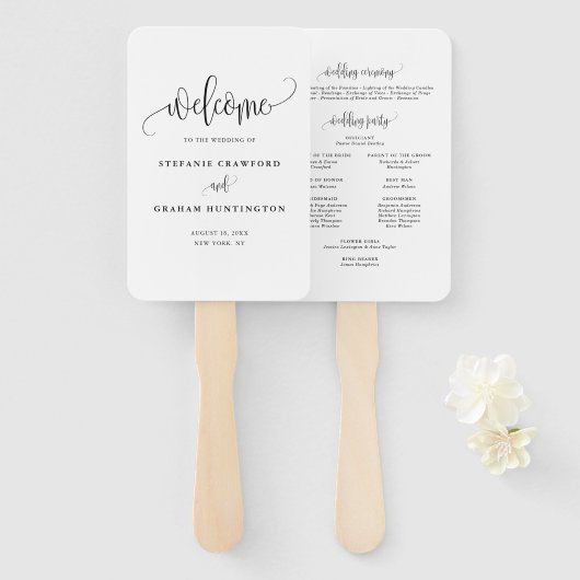 Éventail Programme de mariage à calligraphie noire élégante (Devant et derrière)