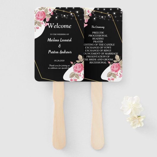 Éventail Programme de mariage à cordon floral rose d'élégan (Devant et derrière)