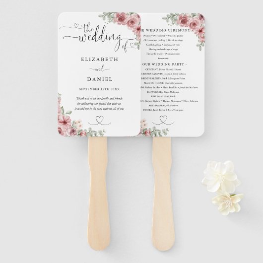Éventail Programme de mariage à écriture florale de roses e (Devant et derrière)
