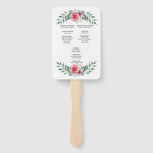 Éventail Programme de mariage à feuillage vert et rose rose (Dos)