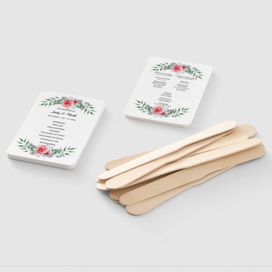 Éventail Programme de mariage à feuillage vert et rose rose (Non-assemblé)