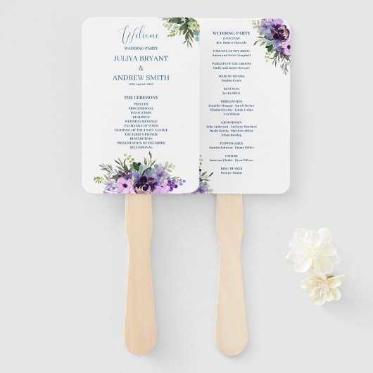 Éventail Programme de mariage à fleurs violettes et vertes (Devant et derrière)