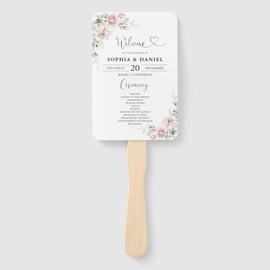 Éventail Programme de mariage à la main Roses Rose Pâle (Devant)