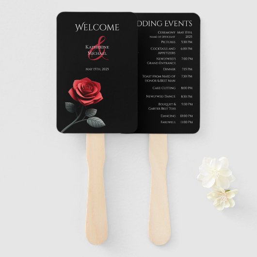 Éventail Programme de mariage à la rose rouge unique (Devant et derrière)