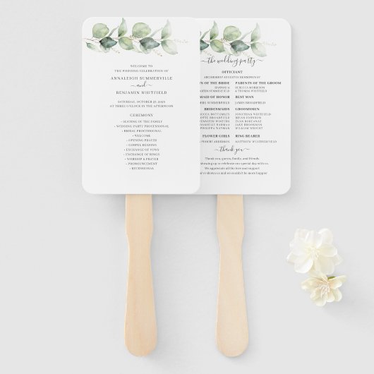 Éventail Programme de mariage à la verdure d'eucalyptus bot (Devant et derrière)