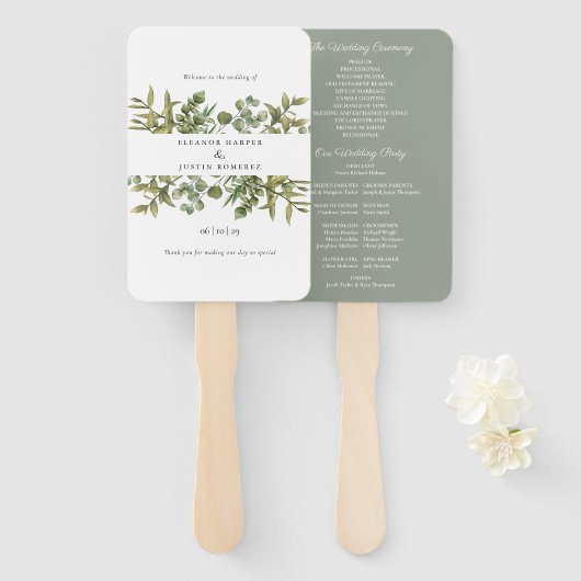 Éventail Programme de mariage à la verdure d'eucalyptus de (Devant et derrière)