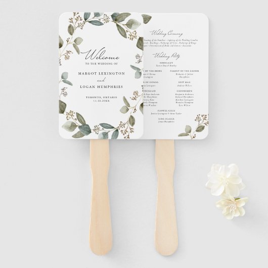 Éventail Programme de mariage à l'aquarelle à l'eucalyptus  (Devant et derrière)