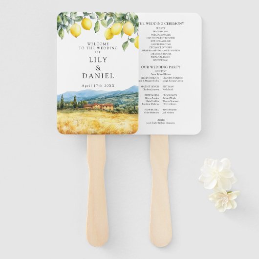 Éventail Programme de mariage à l'aquarelle aux citrons de  (Devant et derrière)