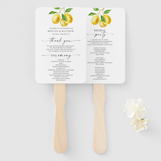 Éventail Programme de mariage à l'aquarelle de citron (Devant et derrière)
