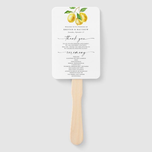 Éventail Programme de mariage à l'aquarelle de citron (Devant)