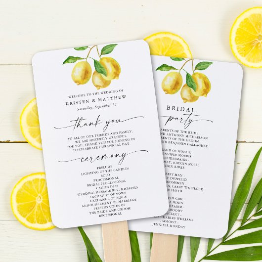 Éventail Programme de mariage à l'aquarelle de citron