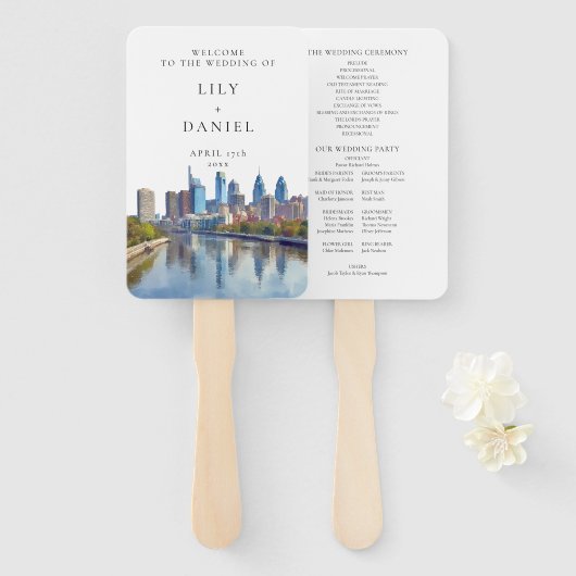 Éventail Programme de mariage à l'aquarelle de la skyline d (Devant et derrière)