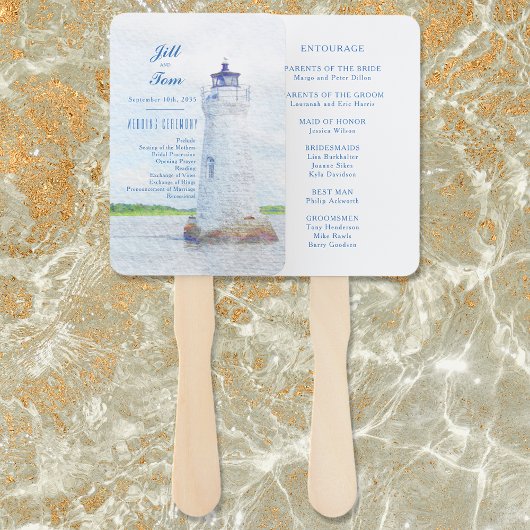 Éventail Programme de mariage à l'aquarelle du phare de Coc