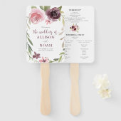 Éventail Programme de mariage à l'aquarelle fleurie bordeau (Devant et derrière)