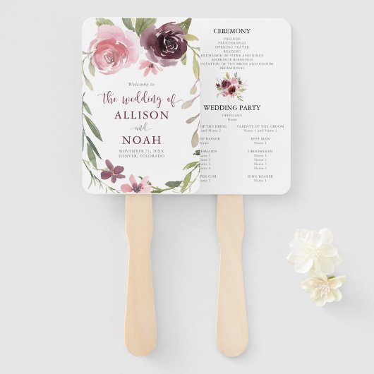 Éventail Programme de mariage à l'aquarelle fleurie bordeau (Devant et derrière)