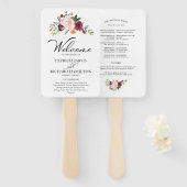 Éventail Programme de mariage à l'aquarelle florale bordeau (Devant et derrière)