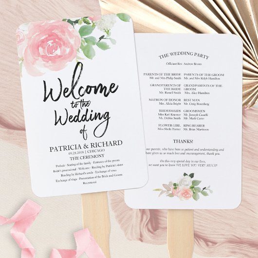 Éventail Programme de mariage à l'aquarelle florale de rose