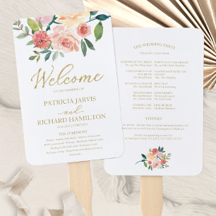 Éventail Programme de mariage à l'aquarelle florale dorée é