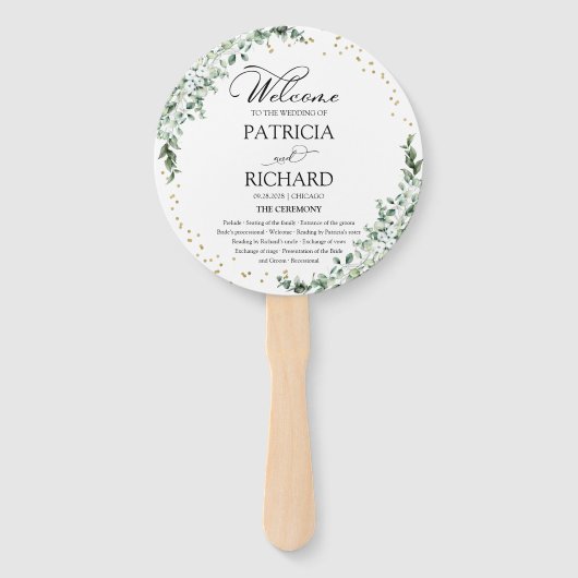 Éventail Programme de mariage à l'aquarelle verte Ventilate (Devant)