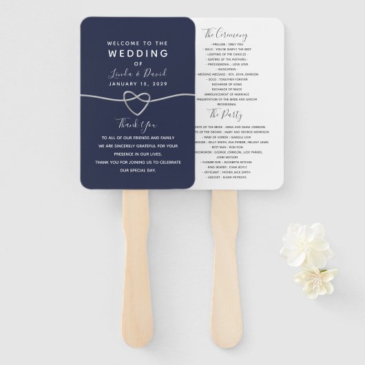 Éventail Programme de mariage à l'écriture bleue marine (Devant et derrière)