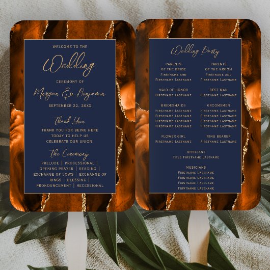 Éventail Programme de mariage à l'écriture manuscrite or bl