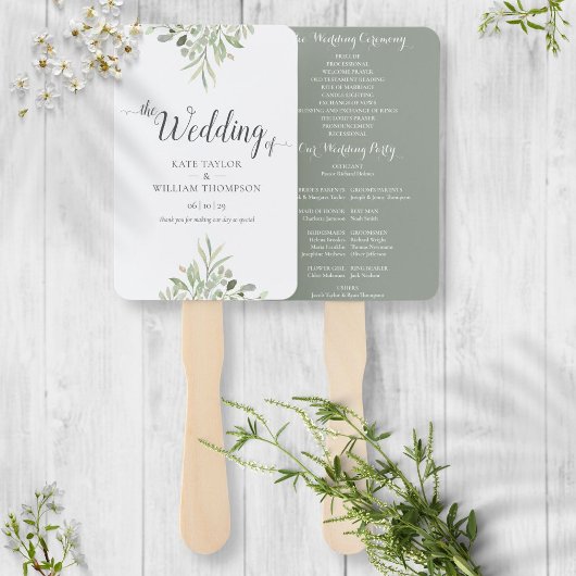 Éventail Programme de mariage à l'écriture végétale aquarel