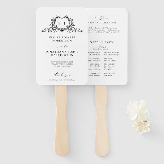 Éventail Programme de mariage à monogramme calligraphié min (Devant et derrière)