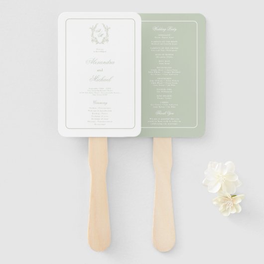 Éventail Programme de mariage à monogramme floral vert saug (Devant et derrière)