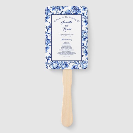 Éventail Programme de mariage à motif floral bleu et blanc (Devant)