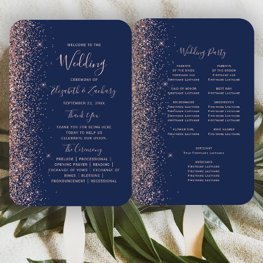 Éventail Programme de mariage à paillettes bleu marine et o