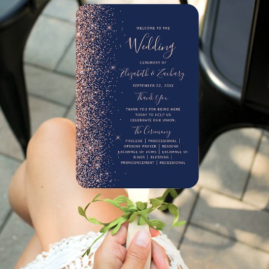 Éventail Programme de mariage à paillettes bleu marine et o