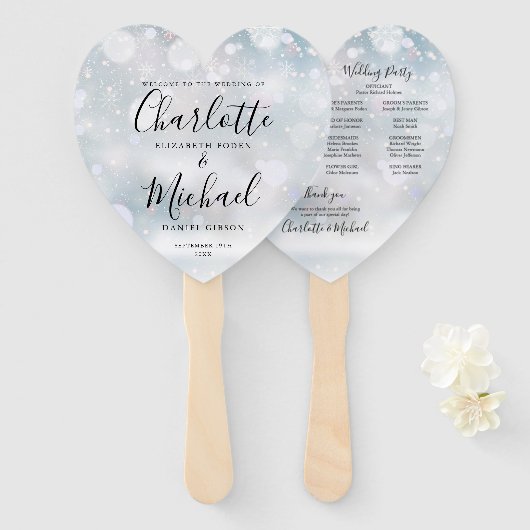 Éventail Programme de mariage à script Flocons de neige d'h (Devant et derrière)