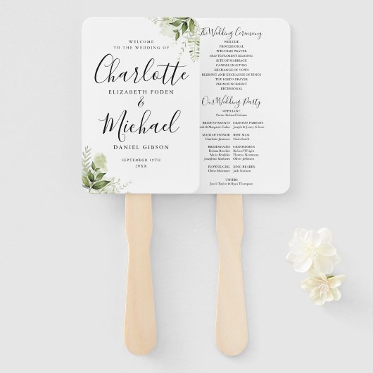 Éventail Programme de mariage à script signature avec feuil (Devant et derrière)